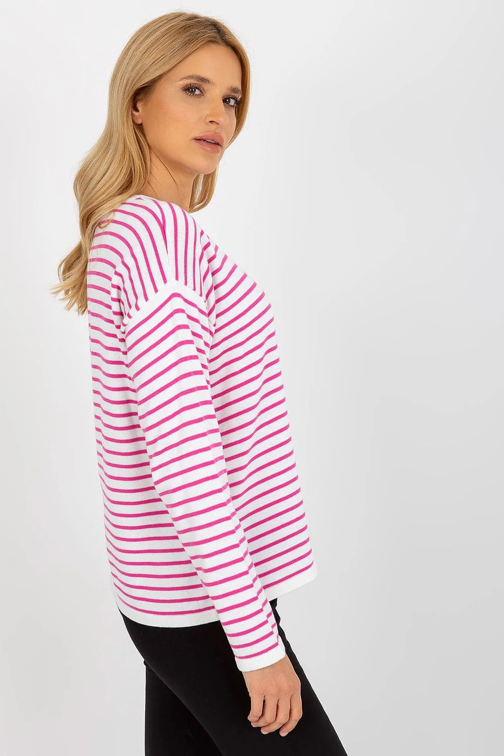 chandail femme Rue Paris marinière rayures fuchsia blanches manches longues encolure bateau maille fine coton mélange coupe oversize