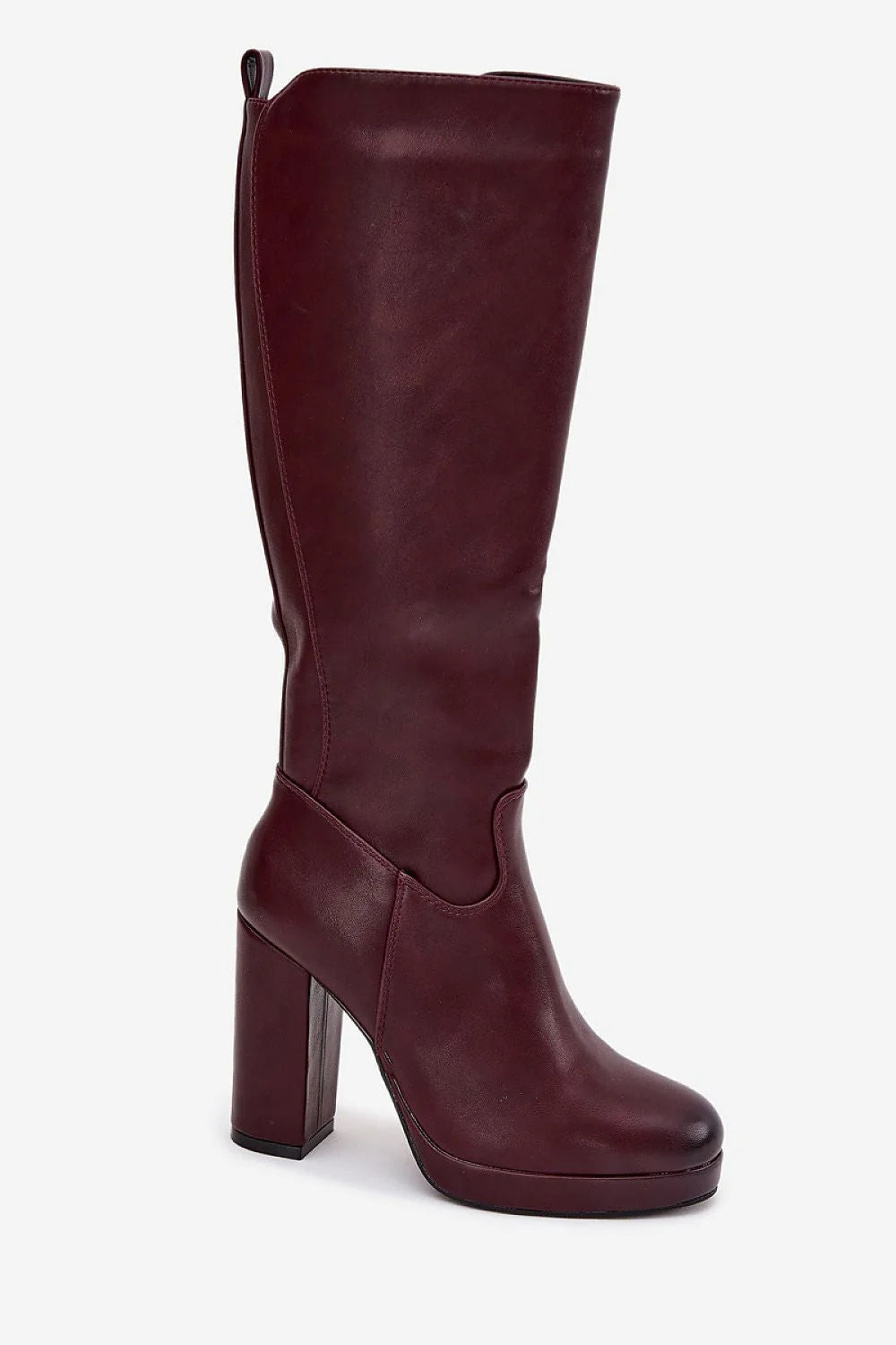 bottes montantes cuir écologique lisse bordeaux foncé bout arrondi tige ajustée talon bloc haut semelle épaisse fermeture zippée
