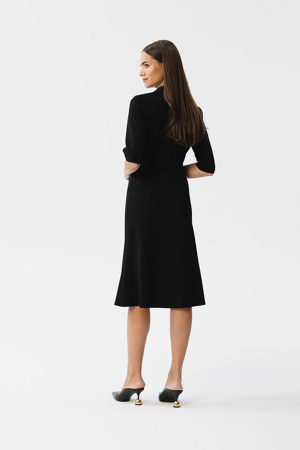 Robe élégante noire pour femme style classique A-line manches trois-quarts col cranté occasion professionnelle