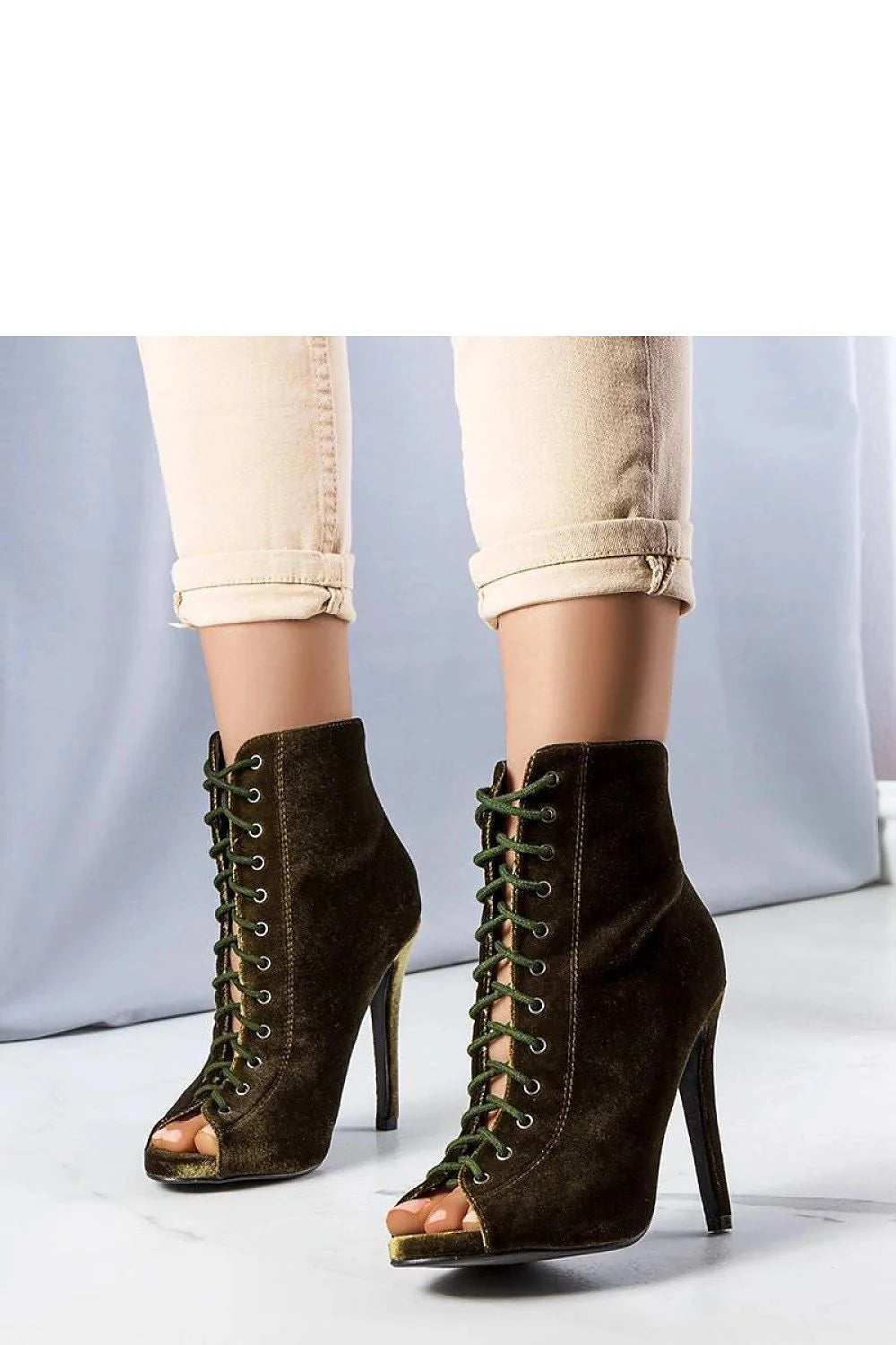 Bottes à talons hauts élégantes en velours kaki pour femmes, style moderne, fermure lacets, talon fin, occasion soirée ou quotidienne