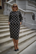 Ensemble deux pièces pour femmes maille géométrique noire et beige coupe droite manches longues poches taille ajustable
