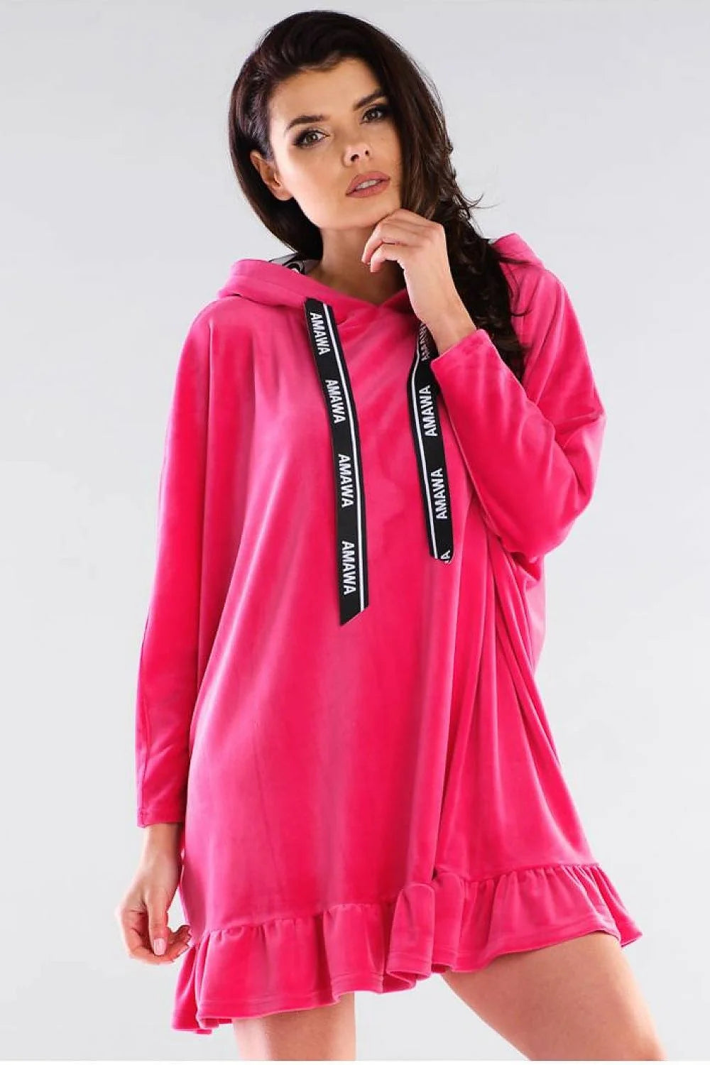 Robe de nuit velours rose vif confortable ample à capuche manches longues style casual moderne