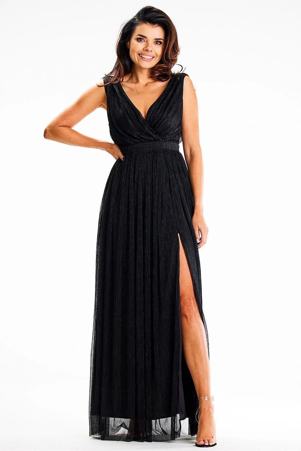 Robe de soirée élégante longue sans manches décolleté dos nu fente haute maille brillante noire taille ajustable femme