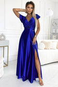 Robe longue en satin bleu royal décolleté en V manches courtes fente latérale occasion spéciale femme mode