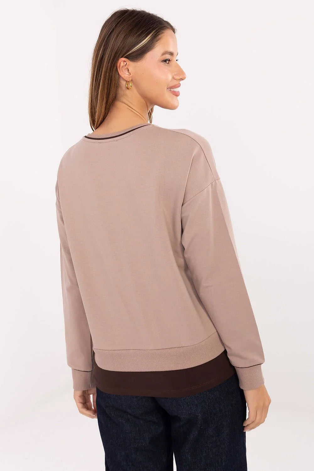sweatshirt femme décontracté coton doux élasthanne jersey taupe col rond manches longues coupe droite ourlet tombant liseré brun