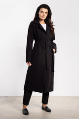 manteau long femme ceinturé coupe droite midi noir col revers cranté fermeture boutonnée tissu épais lainé poches latérales