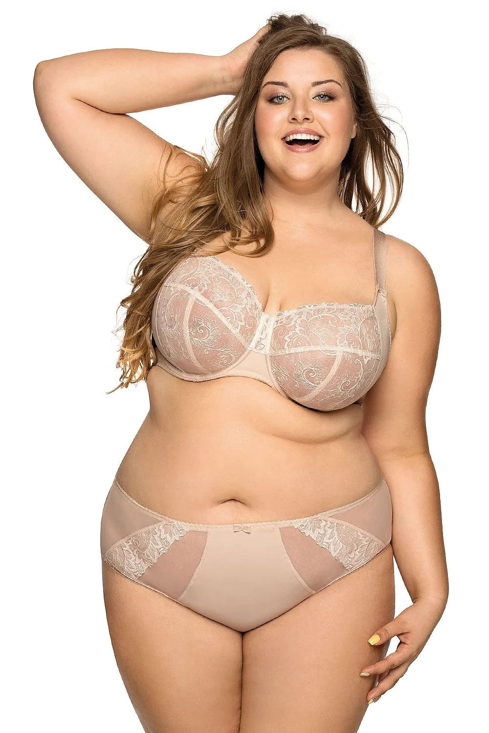 Soutien-gorge féminin élégant brodé floral dentelle maille douce couleur beige clair bretelles larges ajustables bonnets semi-transparents结构 renforcée femmes lingerie