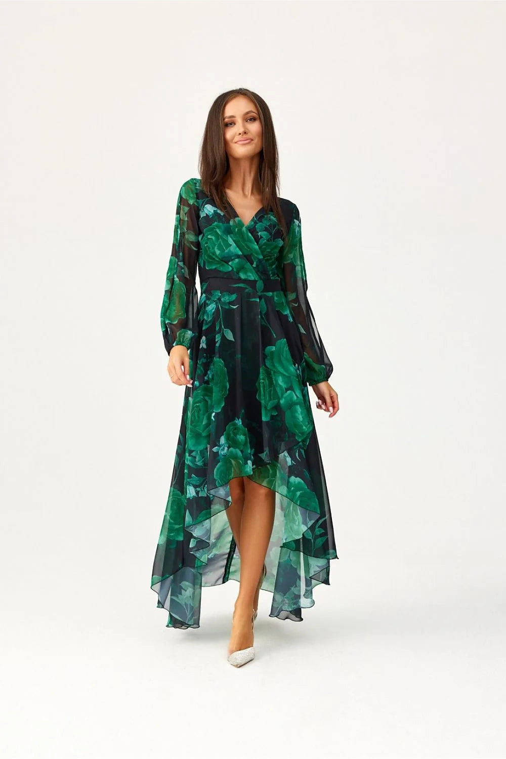 Robe de jour Roco Fashion asymétrique longue manches longues décolleté V croisé motifs floraux verts sur fond noir taille ajustable femme