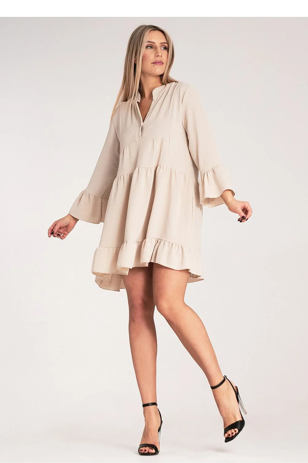 Robe de jour Figl ample volants couleur beige style casual-chic manches longues élasthanne polyester femme