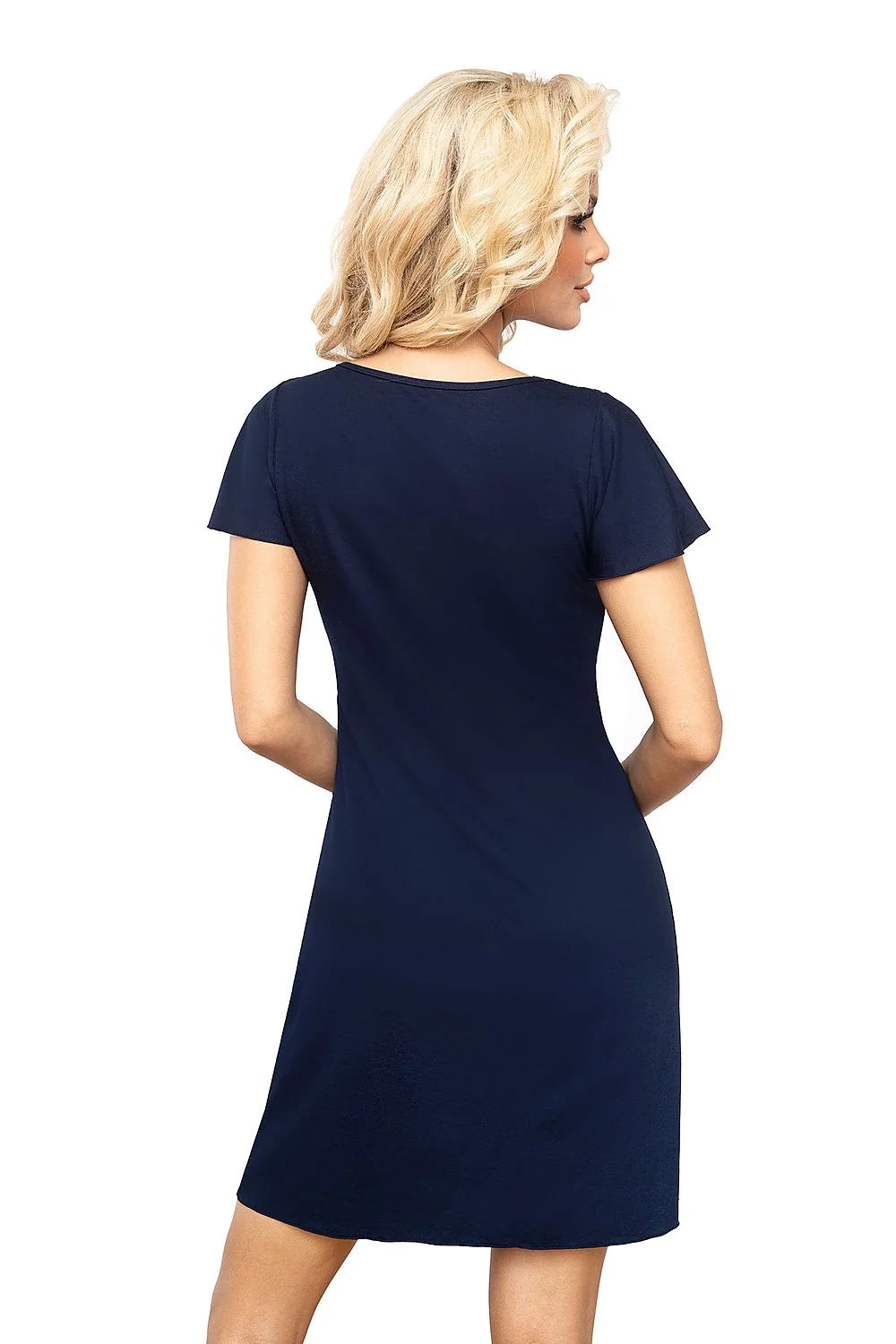 Chemise de nuit élégante pour femme en dentelle bleu marine manches courtes encolure en V