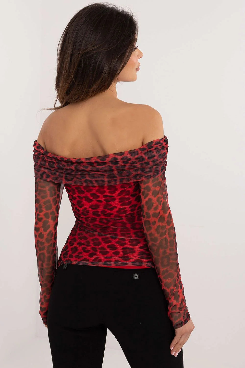 Chemisier femme élégance style moderne motif léopard coupe ajustée manches longues épaules nues polyester doublure