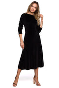 Robe élégante en velours noir chic manches longues volants mi-longue soirée femme style classique
