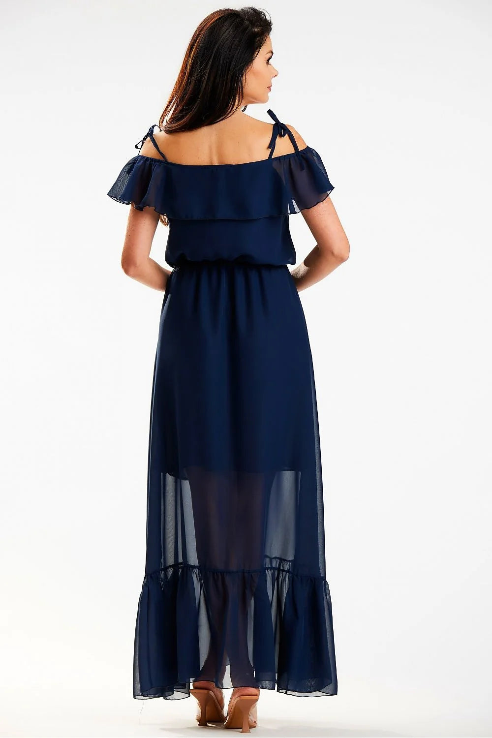 Robe longue élégante pour femme en mousseline bleu marine encolure espagnole volant élastique taille ajustable occasion spéciale été