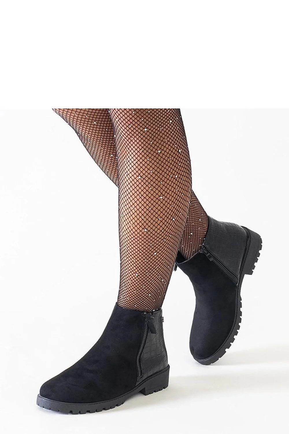 Bottes modernes élégantes effet croco suédine noire fermeture éclair latérale bout en amande hauteur sur la cheville talon plat femmes
