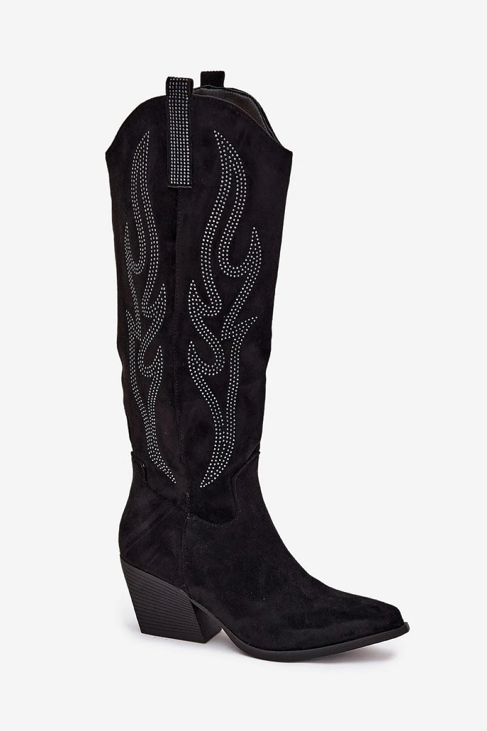 bottes montantes suédine écologique noire talon colonne bout pointu fermeture éclair latérale tirettes strass semelle synthétique confort hivernal élégant