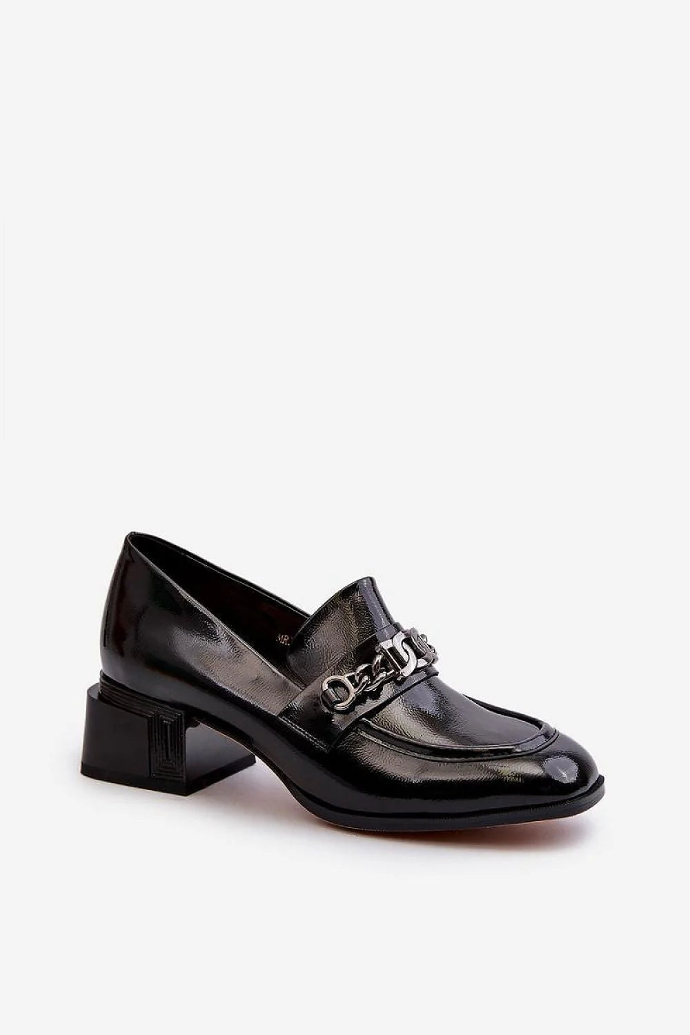 escarpins mocassins femmes cuir verni noir élégants confortables talon bloc carré 4cm bout arrondi chaîne argentée semelle antidérapante