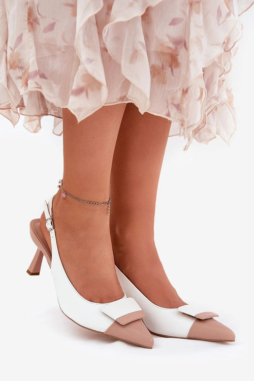 Escarpins slingback talons mi-hauts simili cuir blanc ivoire rose pâle détails nœud bride métallique confort soirée cocktail