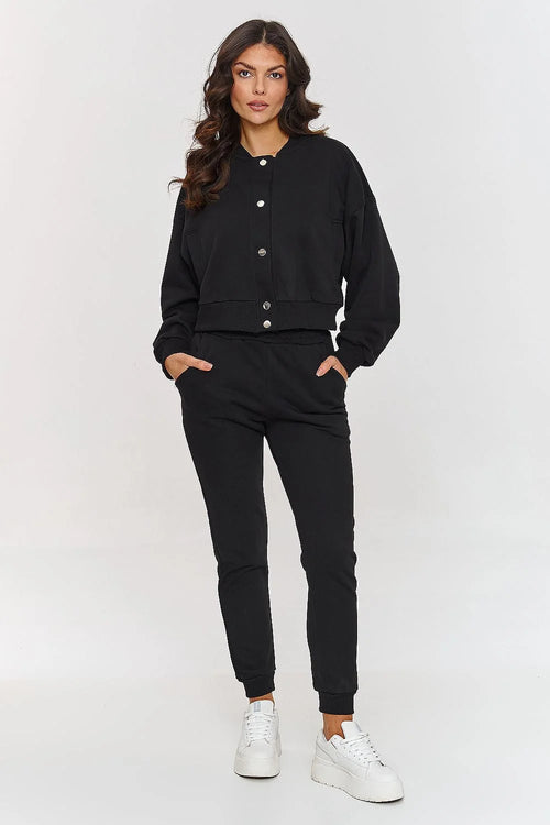 Makadamia ensemble trois pièces bomber court boutons argentés blouse rayée pantalon ample jogger taille haute coton molleton respirant confortable noir