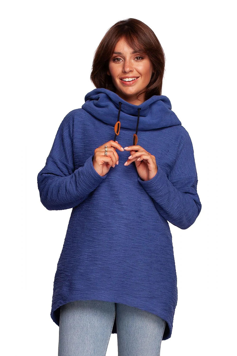 sweatshirt oversize femme crème coton doux confortable coupe ample tunique asymétrique col cheminée cordons pastilles marron poches latérales manches longues