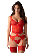 ensemble lingerie sensuelle sexy obsessive dentelle rouge transparente balconnet jarretelles culotte assortie maille florale décolleté plongeant bretelles réglables dorées
