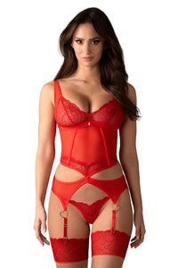ensemble lingerie sensuelle sexy obsessive dentelle rouge transparente balconnet jarretelles culotte assortie maille florale décolleté plongeant bretelles réglables dorées