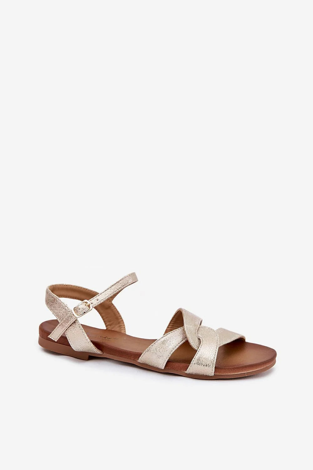 sandales féminines élégantes plates brides croisées dorées simili cuir métallisé champagne boucle cheville réglable semelle marron rembourrée confortable estivale minimaliste
