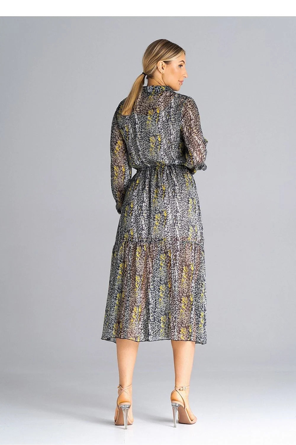 robe bohème chic longue midi manches longues ballon mousseline fluide plissée doublée imprimé abstrait noir gris touches jaunes taille élastiquée