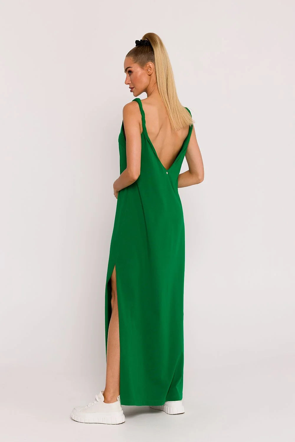 Robe de jour Moe longue sans manches en V vert vif fente latérale élégante summer style femme