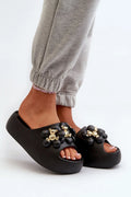 Sandales femmes modernes audacieuses noires ornementées perles dorées noires semelle compensée 5.5 cm confort été