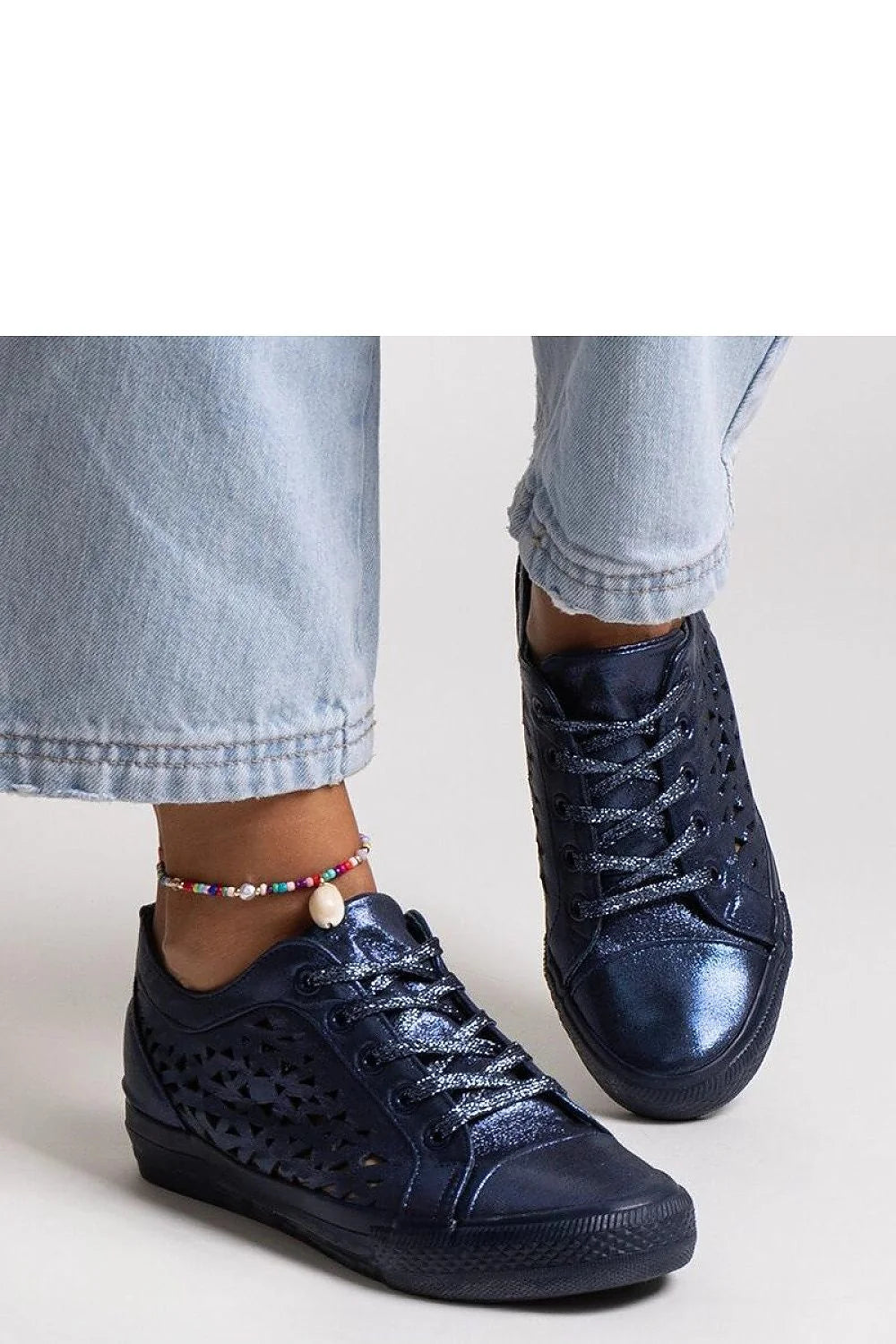 Baskets mode modernes femmes bleu marine ajourées tige haute lacets confort ville décontractées élégantes
