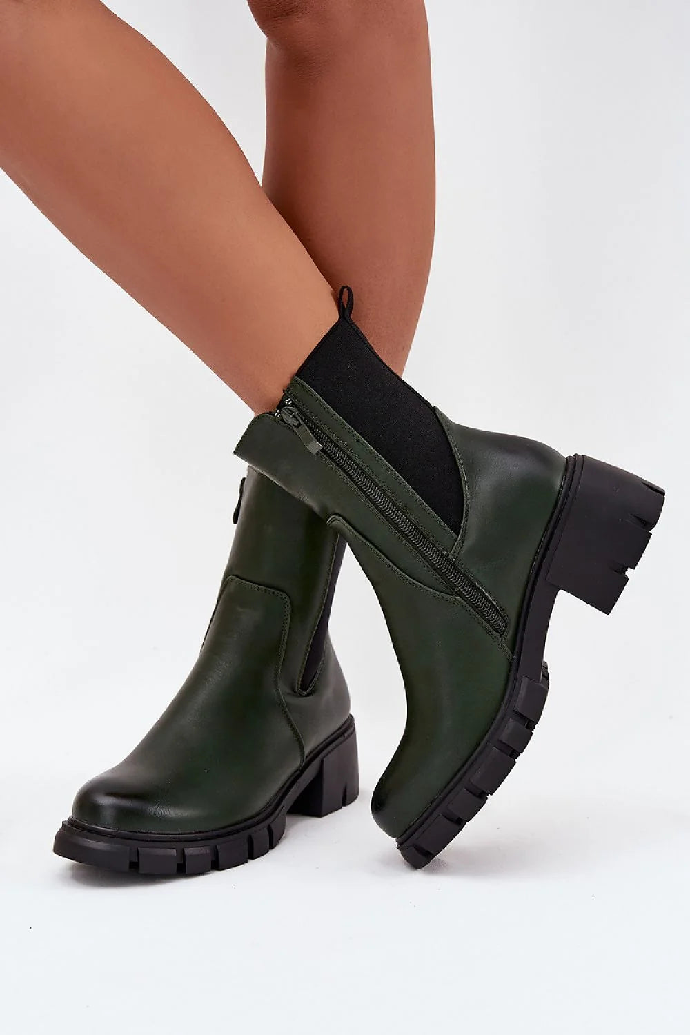 bottes femme chelsea vert forêt cuir écologique lisse bout rond talon bloc semelle crantée antidérapante zippée empiècement élastique
