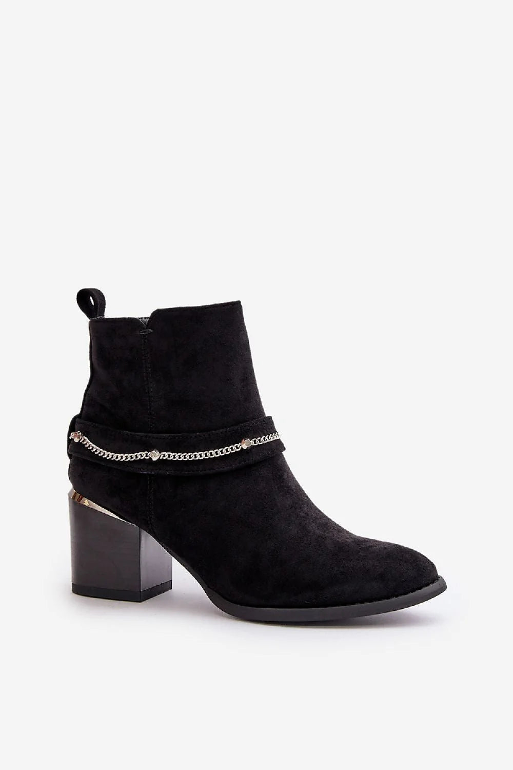 Bottes à talons carrés en suédine noire élégantes pour femmes, style moderne, doublure confortable, talon stable 5-6 cm, fermeture éclair latérale, chaîne argentée, bottines automne-hiver