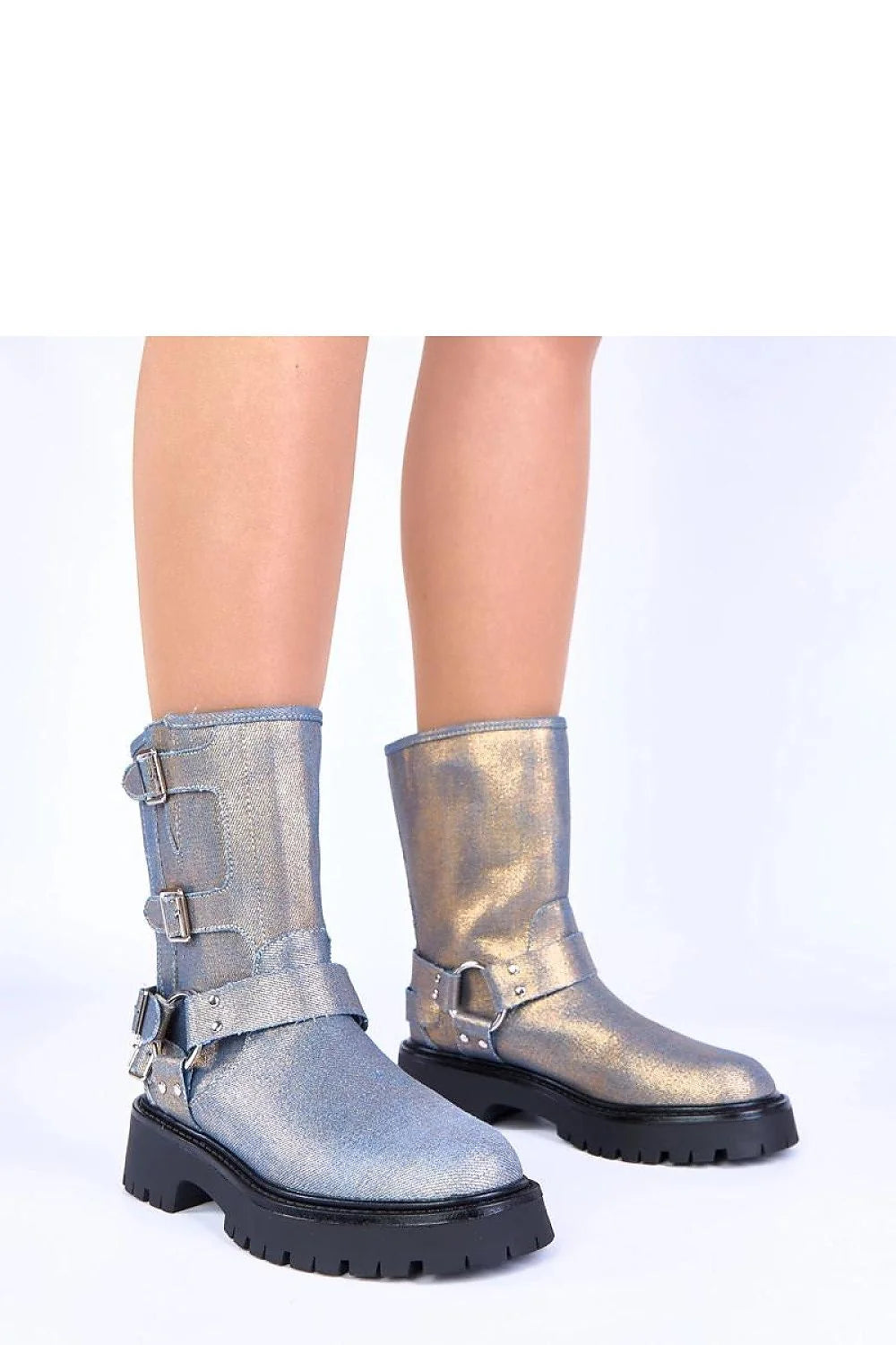 bottines bleues Cara boucles dorées brillantes biker urbain motard mi mollet cuir synthétique texturé semelle crantée noire talon 4cm confort