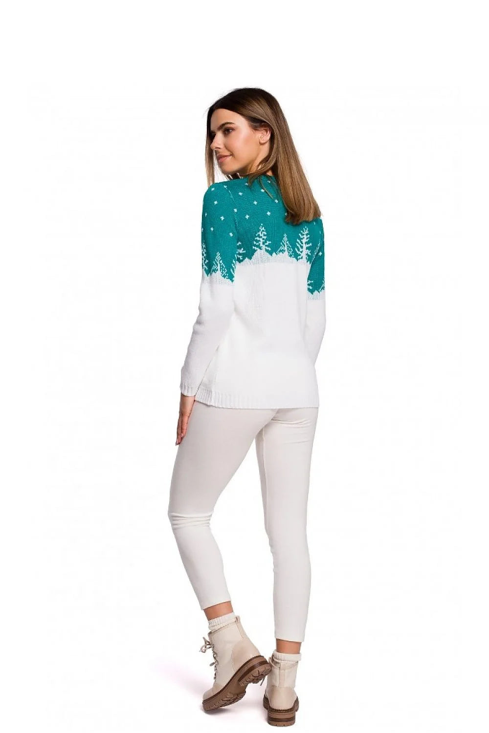 Pull tricot hivernal élégant décontracté motif sapin vert émeraude col rond manches longues femmes