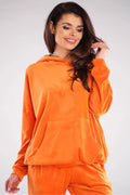 Sweatshirt en velours orange vif confortable ample avec capuche poche kangourou pour femmes modernes