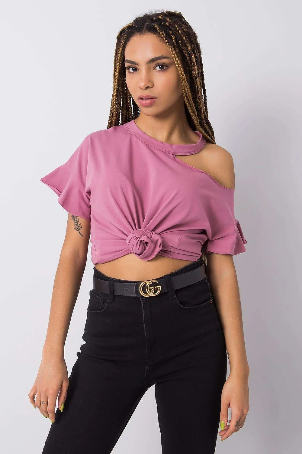 Blouse Fancy asymétrique pour femme, style cold shoulder, manches courtes, couleur rose vif, coton stretch, confortable, versatile, occasion多种