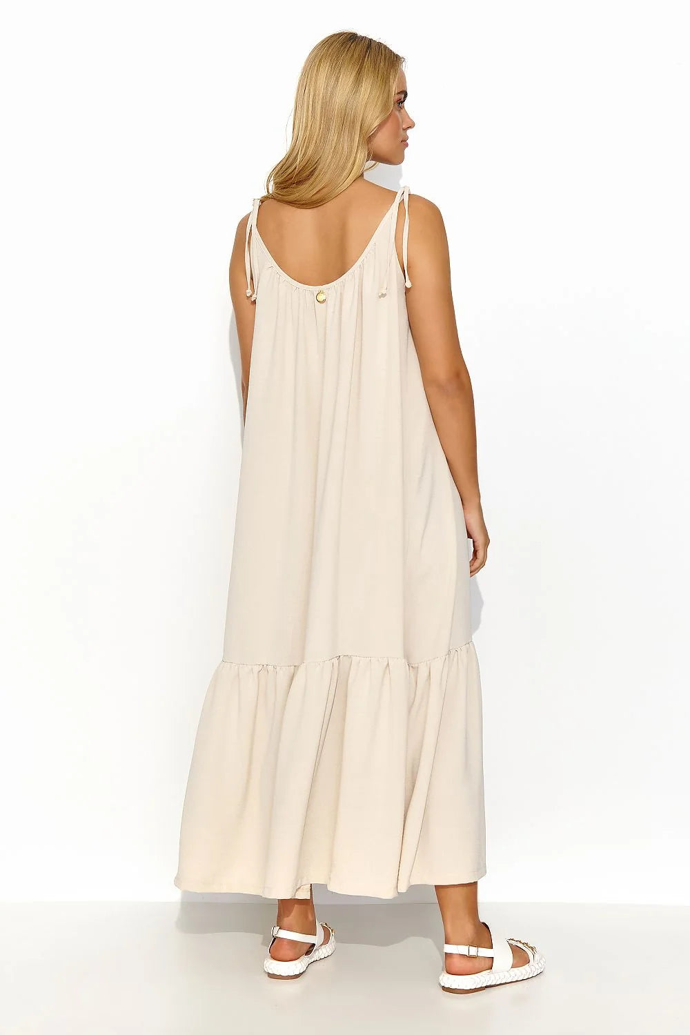 robe jour Makadamia longue été maxi sans manches bretelles fines nouées encolure ronde coupe ample fluide volant large beige crème