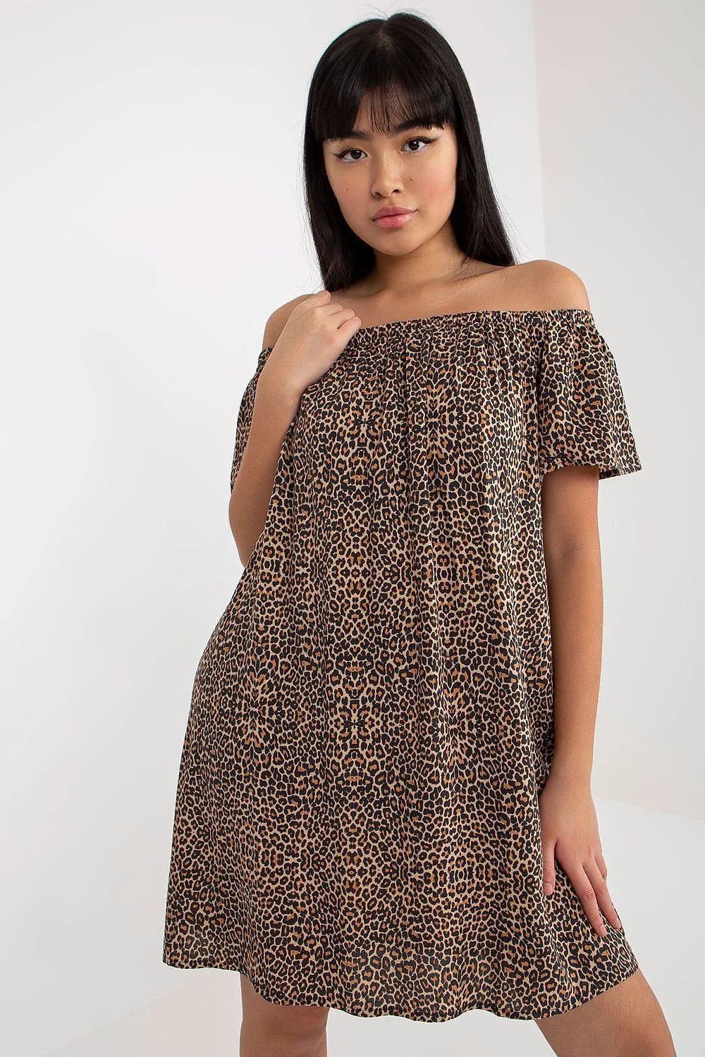 Robe de jour féminine été loose manches courtes encolure Bardot imprimé léopard 100% viscose多 taille XS S M L XL