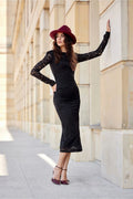 Robe de soirée élégante longue manches longues dentelle noire encolure V dos nu pour femme
