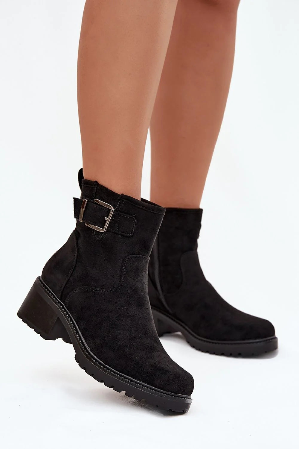 bottines femmes suédine écologique noir talon bloc stable intérieur doublé fourrure douce tige cheville bride réglable boucle argentée
