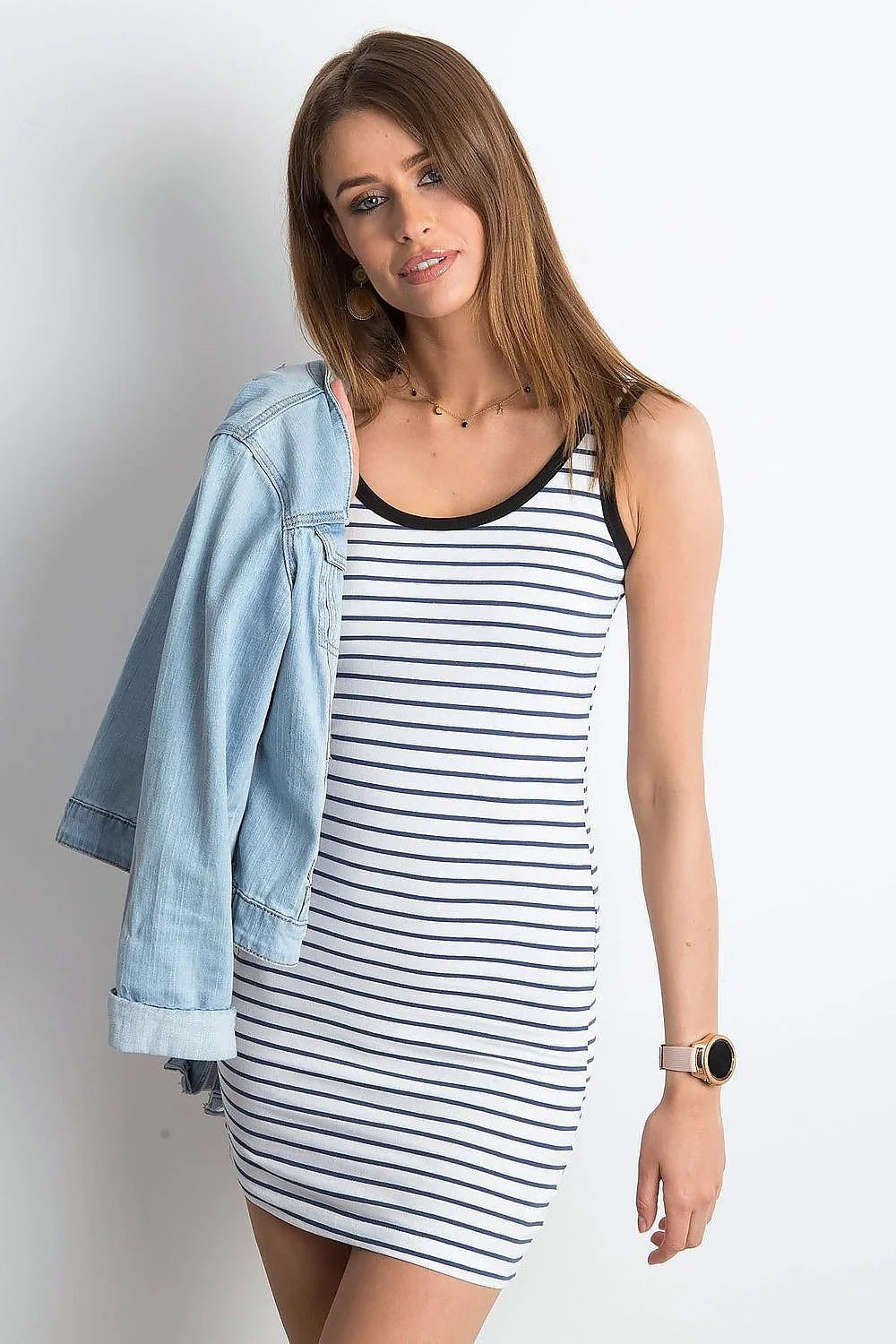 Robe sans manches pour femme rayures horizontales jersey coton 100 % ajustée encolure arrondie finitions précises occasions multiples