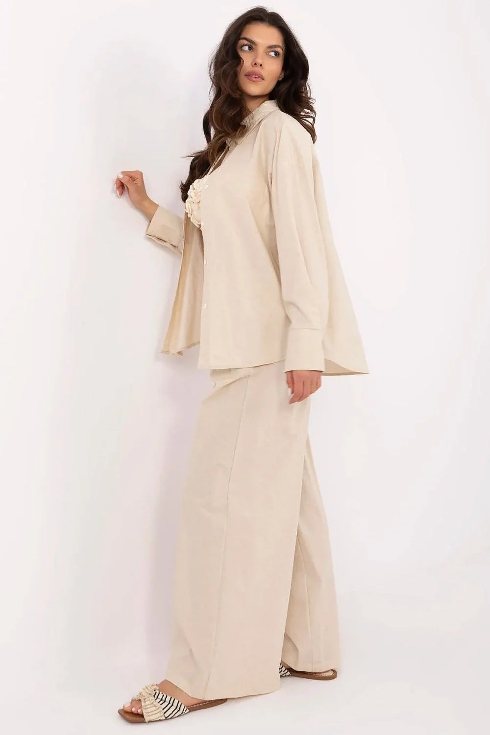 Ensemble NM pour femmes élégant et confortable, chemise manches longues, pantalon taille haute, sandales plates été