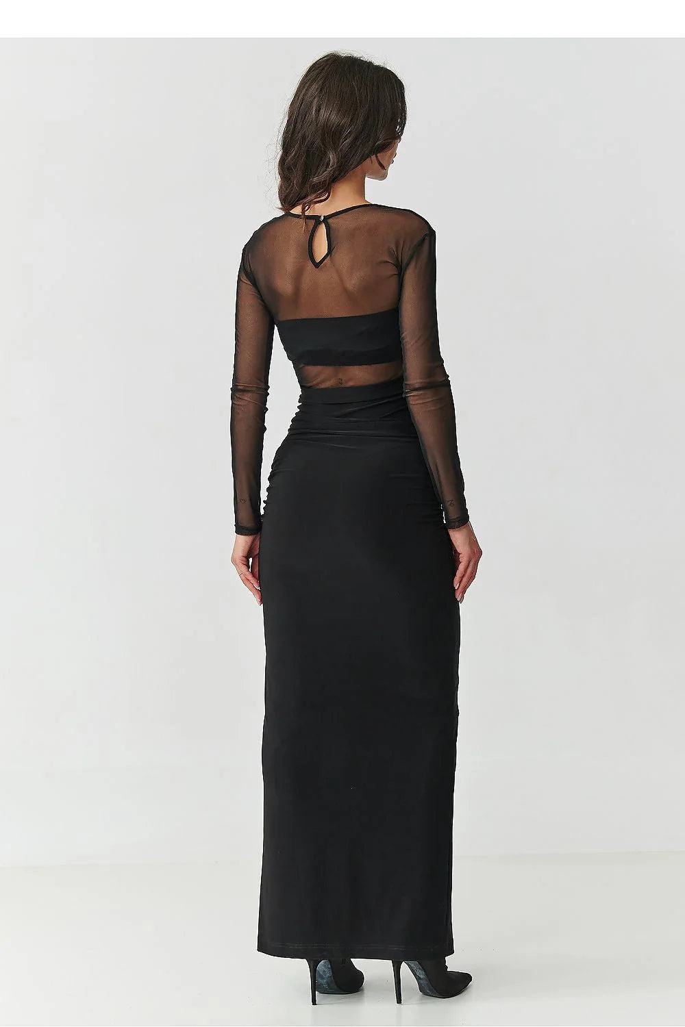 robe longue noire résille mesh transparent manches longues bustier intégré moulante froncée drapée fente haute sensuelle glamour soirée mariage luxe