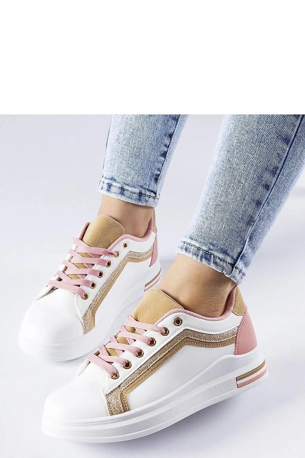 baskets Solea femme blanches plateforme simili cuir rose pâle dorées pailletée œillets métalliques languette rembourrée confortables légères