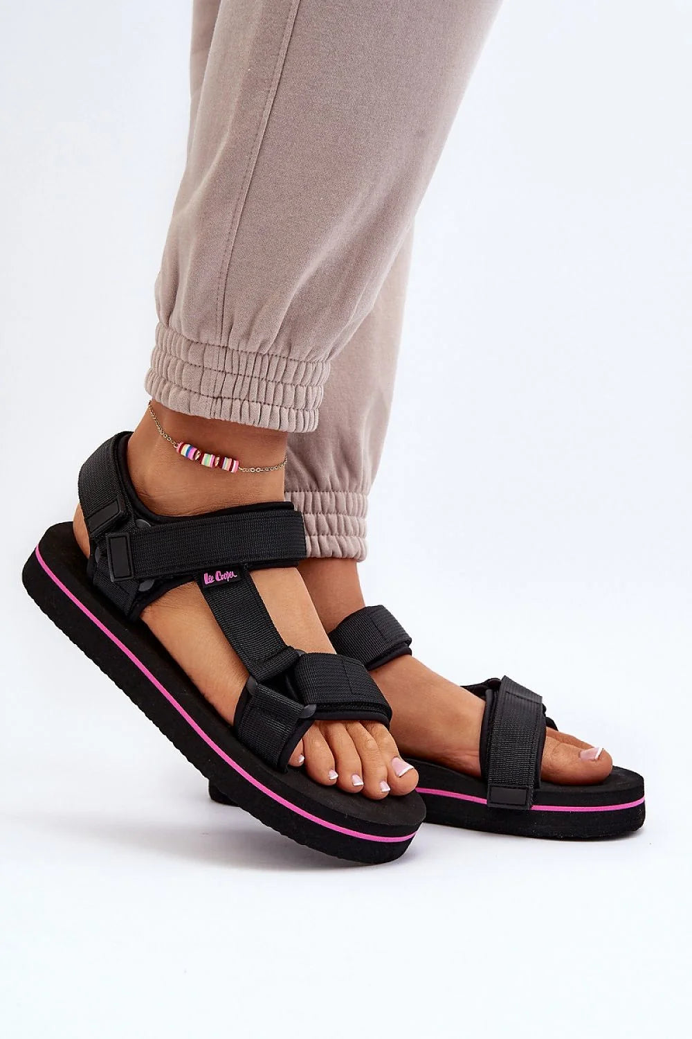 Sandales pour femmes style sportif plateforme velcro confortable tissu semelle piano 3cm noir rose