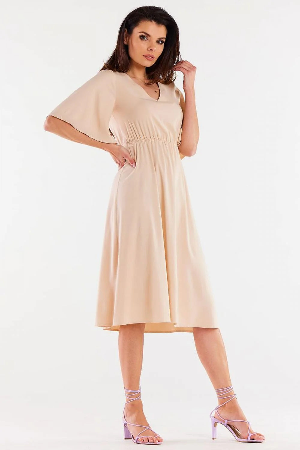 Robe de jour awama en viscose beige clair col en V manches larges taille élastique pour femme