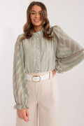 blouse femme élégante manches longues ballon col montant boutonné voile chiffon léger semitransparent rayures diagonales sage vert perlé boutons
