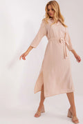 robe midi chemise blush gaufrée viscose elasthanne manches trois quarts ceinture nouée fente latérale coupe droite ample fluide élégante casualchic