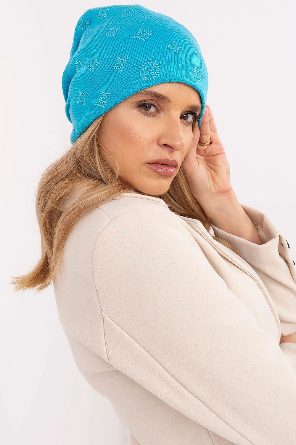 Bonnet d'hiver féminin chaud style beanie en cachemire acrylique 50% coton 30% jais bleu vif motifs géométriques