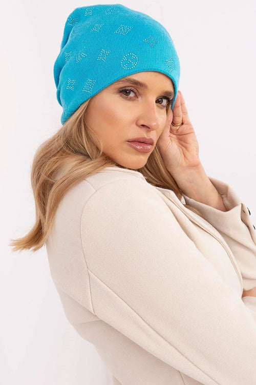 Bonnet d'hiver féminin chaud style beanie en cachemire acrylique 50% coton 30% jais bleu vif motifs géométriques